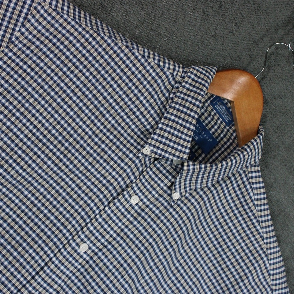 Towncraft Mens Blue Gingham Short Sleeve Button Down Shirt Large Wrinkle Free